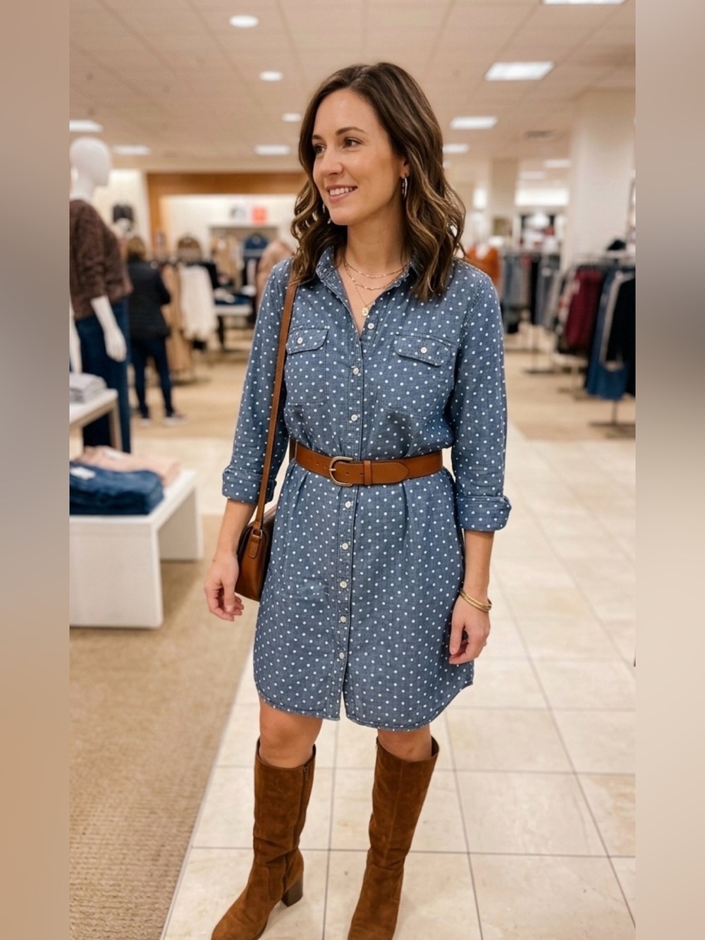 Talbots Women’s Blue Chambray Polka Dot Preppy Coastal Size 12 Shirt Dress